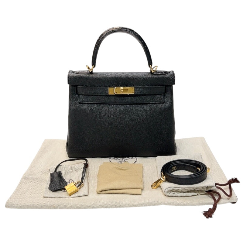 エルメス HERMES ケリータッチ28 C刻印　(2018年製) ブラック ゴールド金具 トゴ/アリゲーター レディース ハンドバッグ