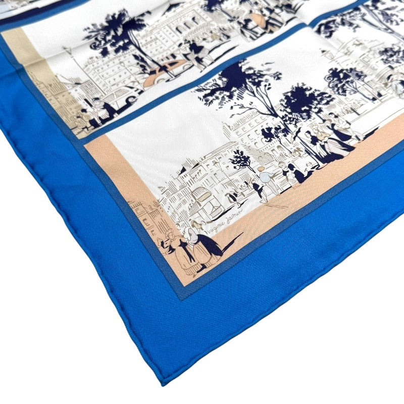 HERMÈS スカーフ 青と白 装飾的なデザイン90綺麗 エルメス HERMES カレ90 A L OMBRE DES BOULEVARDS マルチカラー