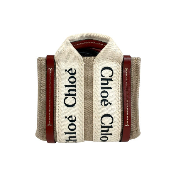 クロエ Chloe ウッディナノ ブラウン×ベージュ リネン/キャンバス/レザー レディース ショルダーバッグ