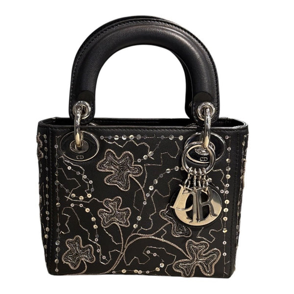 クリスチャン・ディオール Christian Dior レディディオールミニ ブラック レザー×スパンコール レディース ショルダーバッグ
