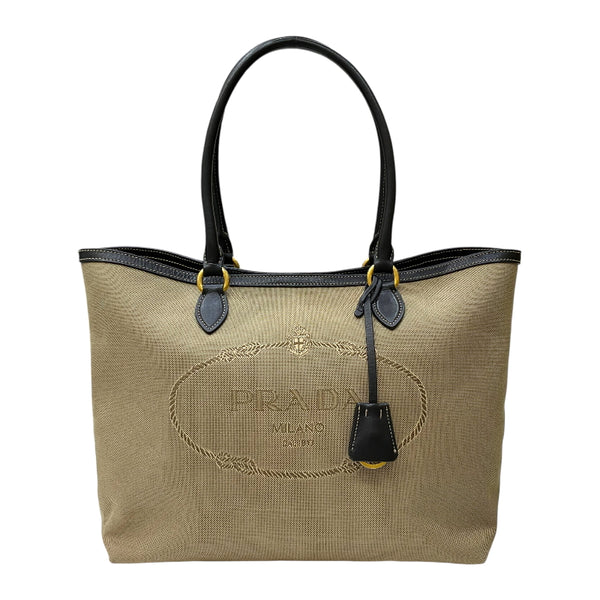 プラダ PRADA ロゴジャガード トートバッグ ブラウン×ブラック キャンバス/レザー レディース トートバッグ