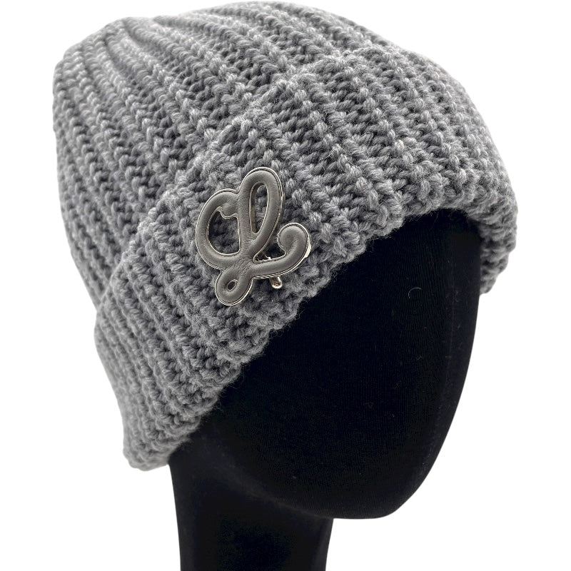 ロエベ LOEWE アナグラムレザーパッチニットキャップ グレー ウール ユニセックス その他ファッション雑貨