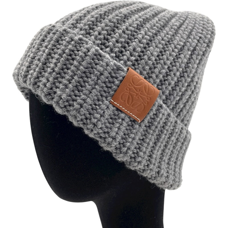 ロエベ LOEWE アナグラムレザーパッチニットキャップ グレー ウール ユニセックス その他ファッション雑貨