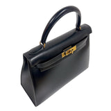 エルメス HERMES ケリー28 外縫い 〇A刻印　（1971年製） ブラック　ゴールド金具 ボックスカーフ レディース ハンドバッグ