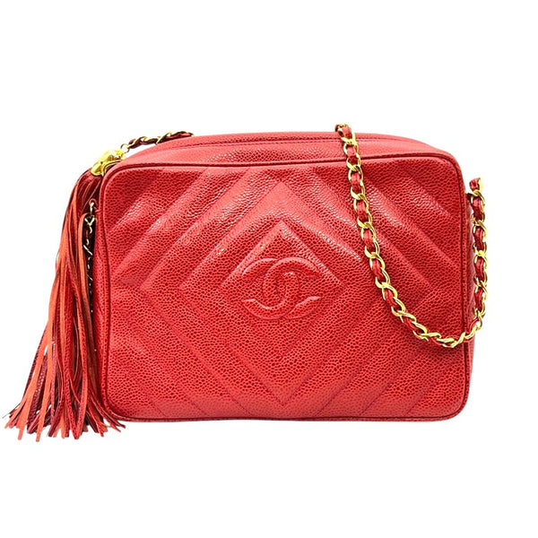 シャネル CHANEL ココマーク フリンジ ショルダーバッグ レッド ゴールド金具 キャビアスキン レディース ショルダーバッグ