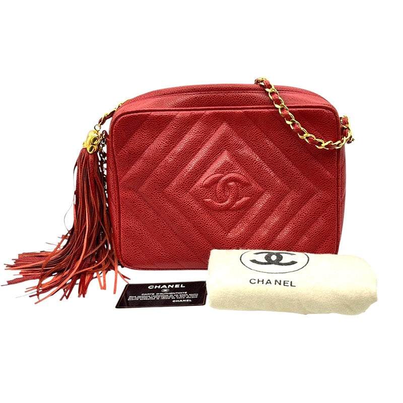 シャネル CHANEL ココマーク フリンジ ショルダーバッグ レッド ゴールド金具 キャビアスキン レディース ショルダーバッグ