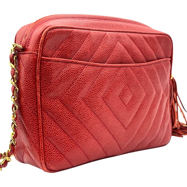 シャネル CHANEL ココマーク フリンジ ショルダーバッグ レッド ゴールド金具 キャビアスキン レディース ショルダーバッグ