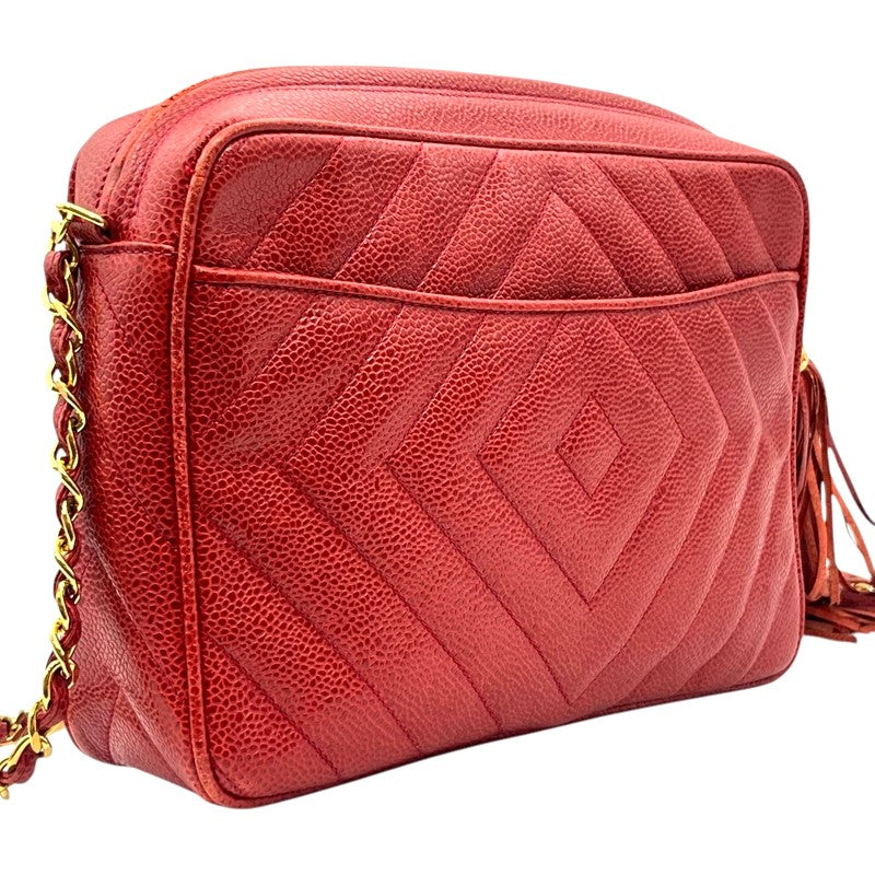 シャネル CHANEL ココマーク フリンジ ショルダーバッグ レッド ゴールド金具 キャビアスキン レディース ショルダーバッグ