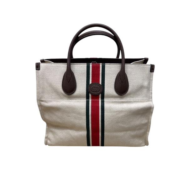 グッチ GUCCI シェリーライン　フォールダブル　スモールトート ベージュ キャンバス　レザー ユニセックス ハンドバッグ