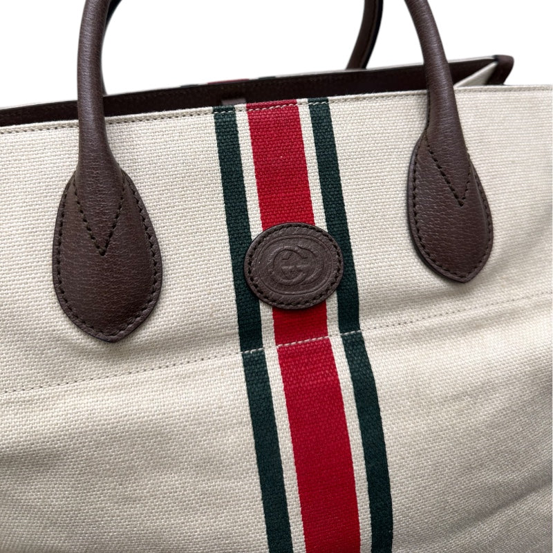 グッチ GUCCI シェリーライン　フォールダブル　スモールトート ベージュ キャンバス　レザー ユニセックス ハンドバッグ