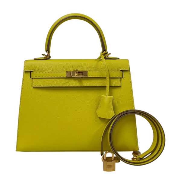 エルメス HERMES ケリー25 外縫い D刻印 ライム シルバー金具 ヴォーエプソン レディース ショルダーバッグ