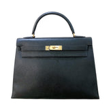 エルメス HERMES ケリー32 外縫い 〇R刻 ブラック/GD金具 アルデンヌ レディース ハンドバッグ