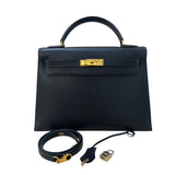 エルメス HERMES ケリー32 外縫い 〇U刻 ブラック/GD金具 アルデンヌ レディース ハンドバッグ