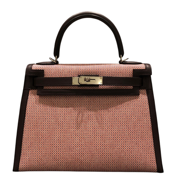 エルメス HERMES ケリー28　外縫い U刻 エクリュ・フランボワーズ・ルージュセリエ トワルキャドリーユ・スイフト レディース ハンドバッグ