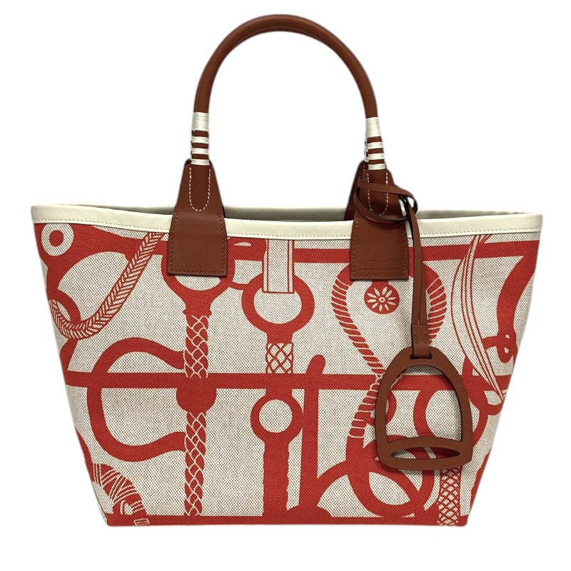 エルメス HERMES スティープル25 B刻 エクリュ×オレンジ×キュイーブル トワル レディース トートバッグ