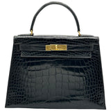 エルメス HERMES ケリー28　外縫い 〇R刻 ブラック　GD金具 アリゲーター レディース ショルダーバッグ