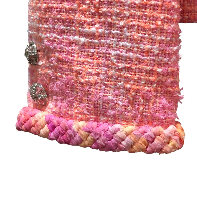 シャネル CHANEL ノーカラーツイードジャケット P76339 ピンク コットン レディース ノーカラージャケット