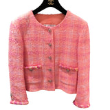 シャネル CHANEL ノーカラーツイードジャケット P76339 ピンク コットン レディース ノーカラージャケット