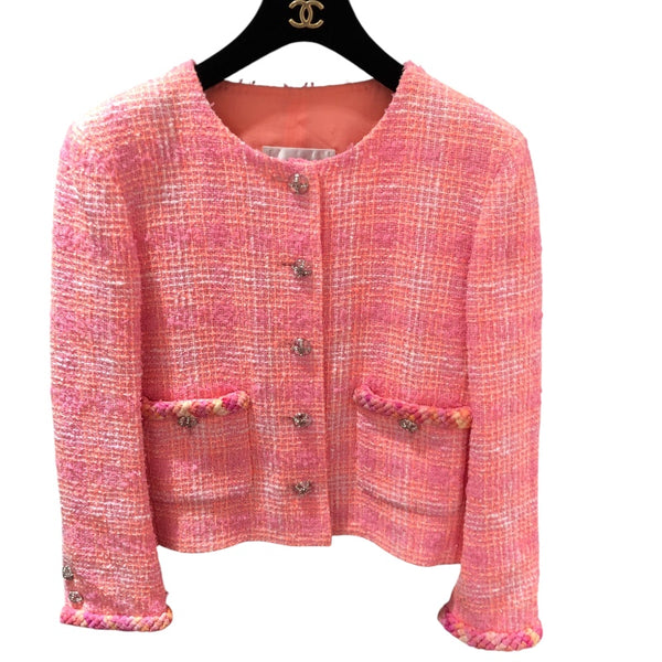 シャネル CHANEL ノーカラーツイードジャケット P76339 ピンク コットン レディース ノーカラージャケット