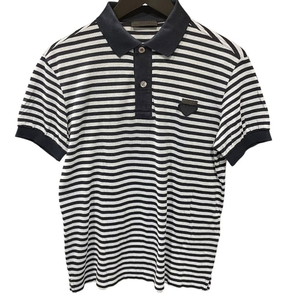 プラダ PRADA ボーダー柄ポロシャツ UJM730 ブルー コットン メンズ ポロシャツ