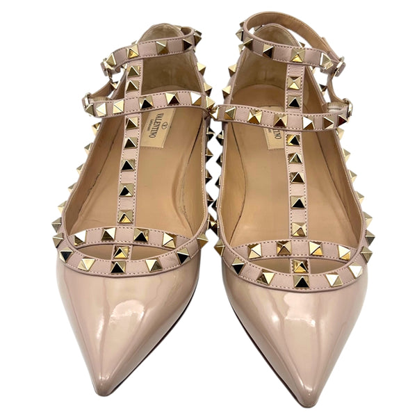 ヴァレンティノ VALENTINO ロックスタッズ フラットパンプス 40 ベージュ パテントレザー レディース パンプス