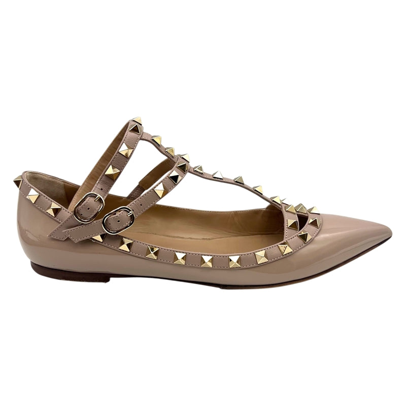 ヴァレンティノ VALENTINO ロックスタッズ フラットパンプス 40 ベージュ パテントレザー レディース パンプス
