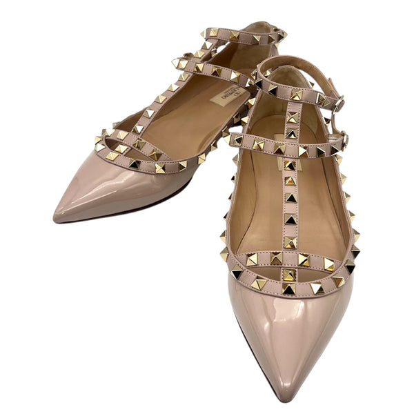 ヴァレンティノ VALENTINO ロックスタッズ フラットパンプス 40 ベージュ パテントレザー レディース パンプス