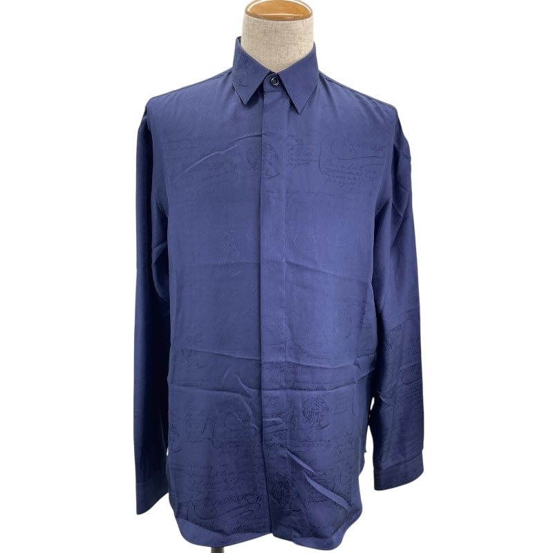 ベルルッティ Berluti カリグラフィー 総柄 シルクシャツ R17HTL52 SB BQ ネイビー シルク メンズ 長袖シャツ
