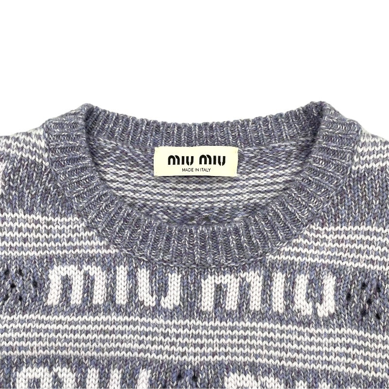 ミュウミュウ miu miu ロゴ総柄ショートスリーブ ニットワンピース MMA806 パープル ウール56% カシミヤ40% ナイロン3% エラステイン1% レディース ワンピース