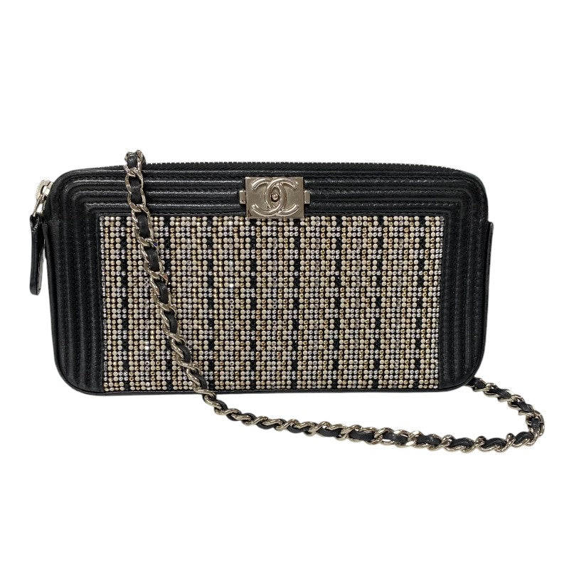 シャネル CHANEL ボーイシャネル チェーンウォレット A84069 23番台 ブラック シルバー金具 カーフ/ラインストーン レディース ショルダーバッグ