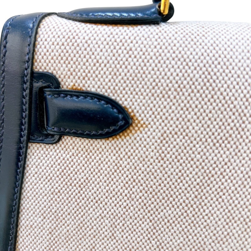 エルメス HERMES ケリー28 外縫い ○M刻印 ナチュラル×ブルーインディゴ ゴールド金具 トワル レディース ハンドバッグ