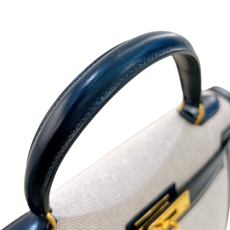 エルメス HERMES ケリー28 外縫い ○M刻印 ナチュラル×ブルーインディゴ ゴールド金具 トワル レディース ハンドバッグ