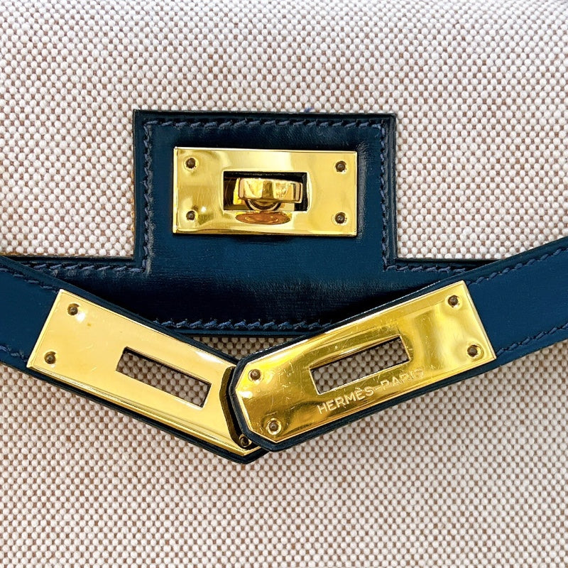 エルメス HERMES ケリー28 外縫い ○M刻印 ナチュラル×ブルーインディゴ ゴールド金具 トワル レディース ハンドバッグ