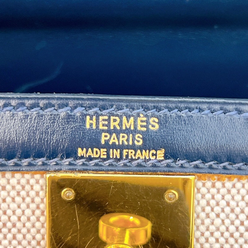 エルメス HERMES ケリー28 外縫い ○M刻印 ナチュラル×ブルーインディゴ ゴールド金具 トワル レディース ハンドバッグ