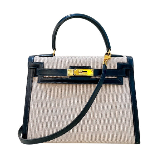 エルメス HERMES ケリー28 外縫い ○M刻印 ナチュラル×ブルーインディゴ ゴールド金具 トワル レディース ハンドバッグ