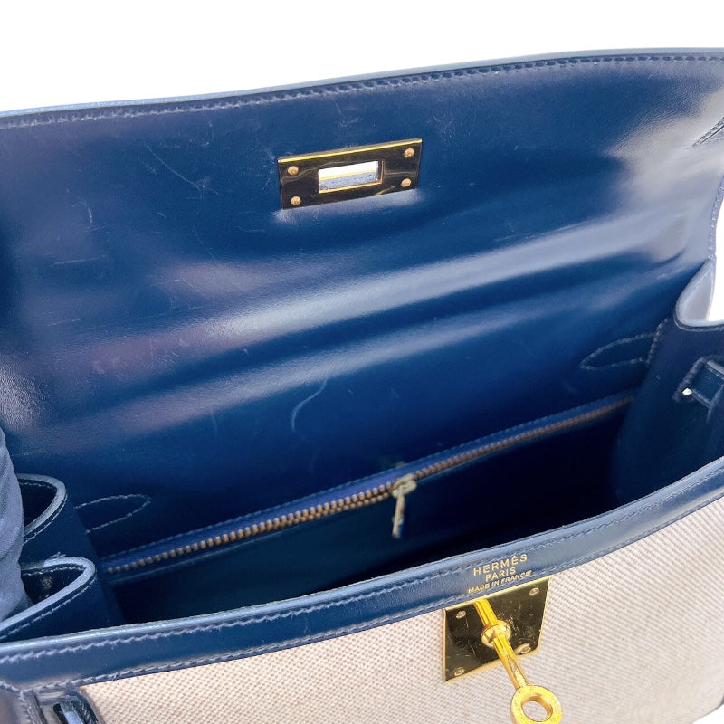 エルメス HERMES ケリー28 外縫い ○M刻印 ナチュラル×ブルーインディゴ ゴールド金具 トワル レディース ハンドバッグ