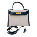 エルメス HERMES ケリー28 外縫い ○M刻印 ナチュラル×ブルーインディゴ ゴールド金具 トワル レディース ハンドバッグ
