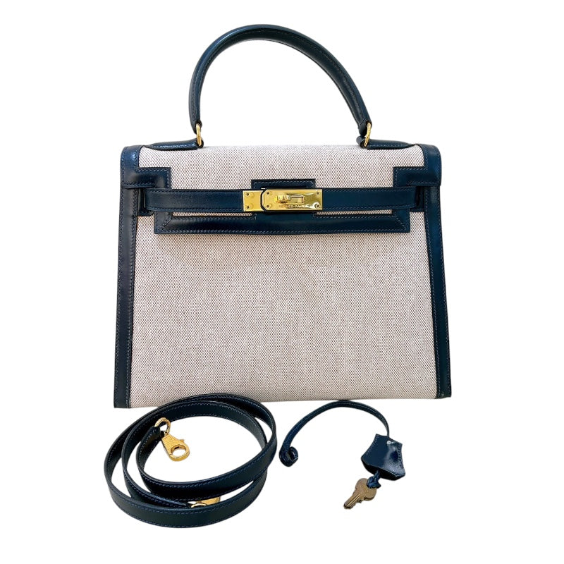 エルメス HERMES ケリー28 外縫い ○M刻印 ナチュラル×ブルーインディゴ ゴールド金具 トワル レディース ハンドバッグ