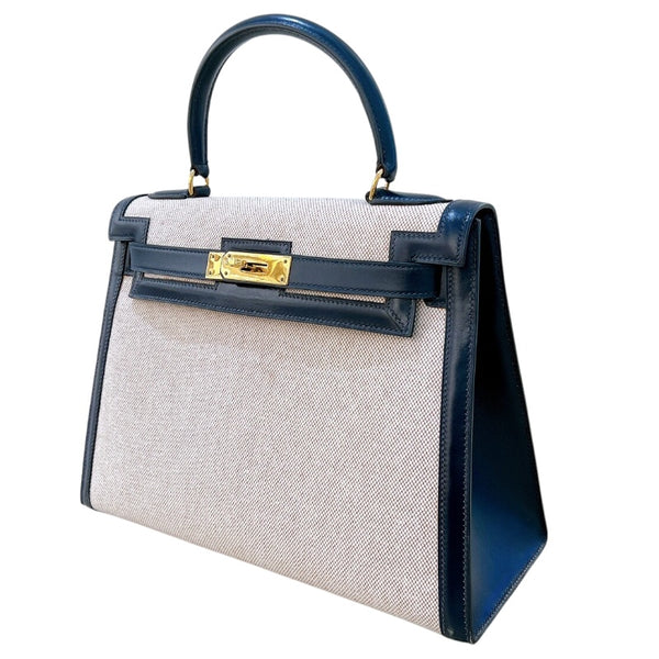 エルメス HERMES ケリー28 外縫い ○M刻印 ナチュラル×ブルーインディゴ ゴールド金具 トワル レディース ハンドバッグ
