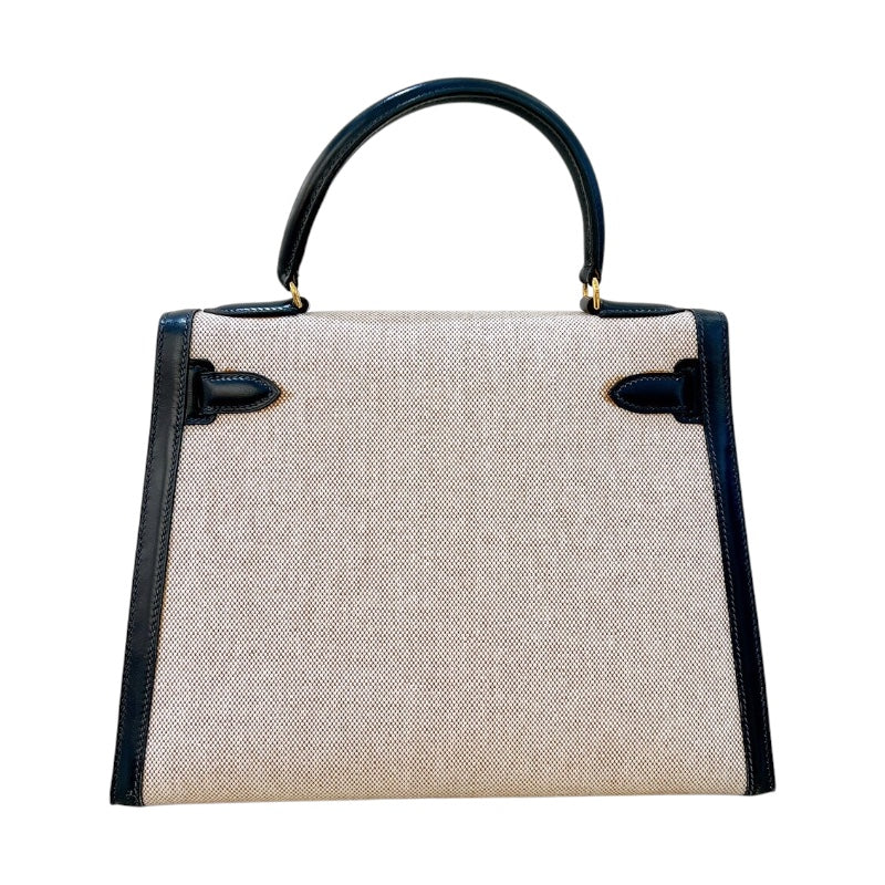 エルメス HERMES ケリー28 外縫い ○M刻印 ナチュラル×ブルーインディゴ ゴールド金具 トワル レディース ハンドバッグ