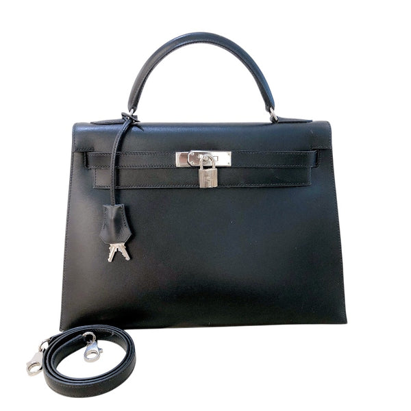エルメス HERMES ケリー32　外縫い □D刻 ブラック シルバー金具 ボックスカーフ レディース ショルダーバッグ