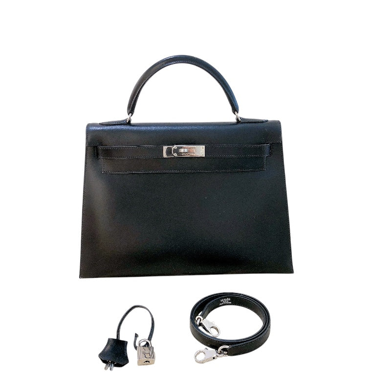 エルメス HERMES ケリー32　外縫い □D刻 ブラック シルバー金具 ボックスカーフ レディース ショルダーバッグ