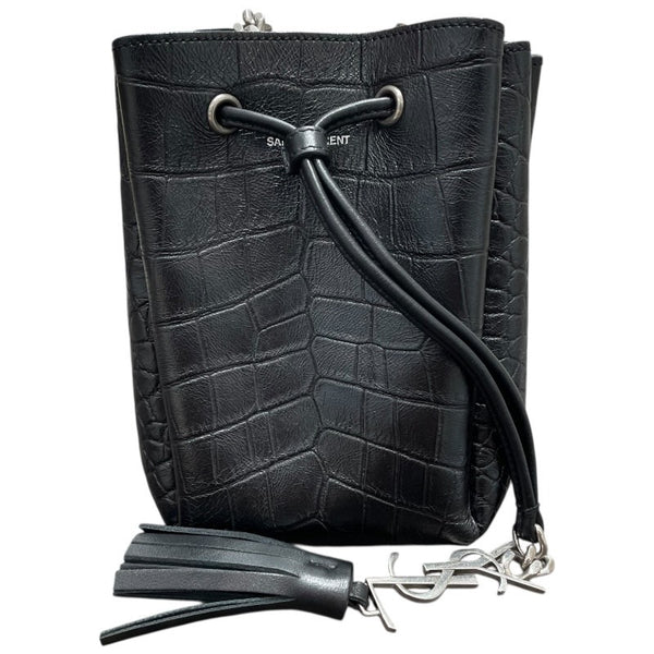 サンローラン SAINT LAURENT 巾着ショルダー ブラック 型押しレザー レディース ショルダーバッグ