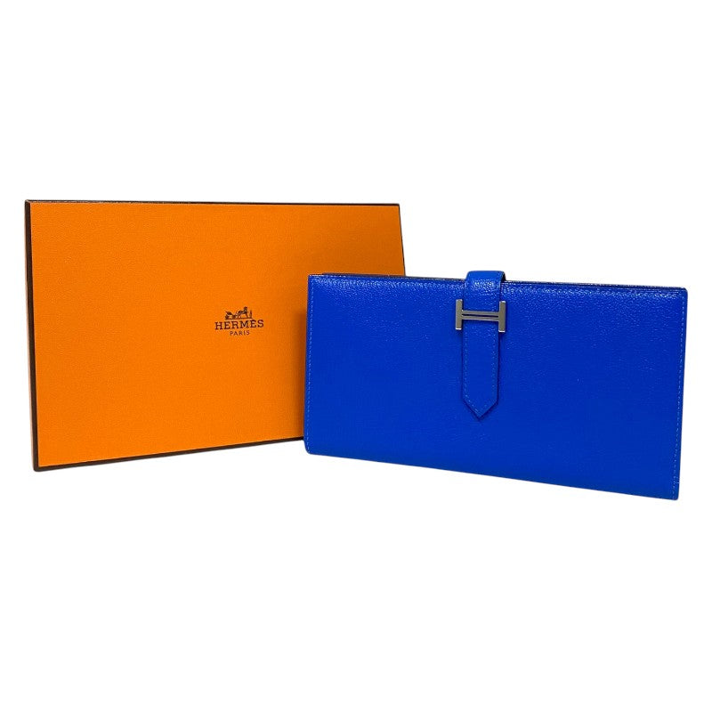 エルメス HERMES ベアンスフレ D刻 ブルーゼリージュ ゴールド金具 シェーブル レディース 長財布