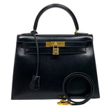 エルメス HERMES ケリー28 〇U刻 ブラック ゴールド金具 ボックスカーフ レディース ハンドバッグ