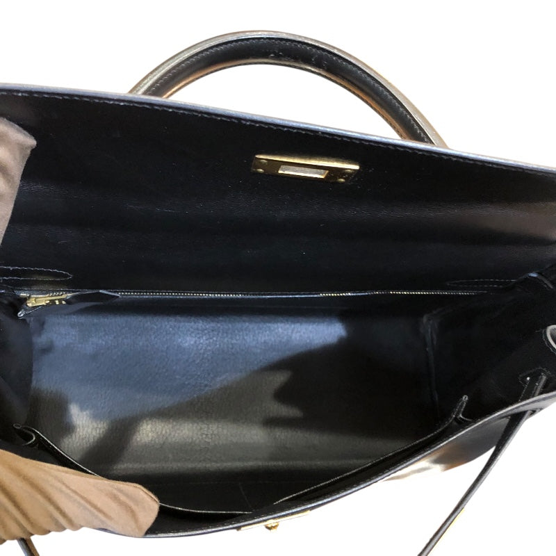 エルメス HERMES ケリー32　内縫い □F刻印 ブラック GD金具 ボックスカーフ ユニセックス ショルダーバッグ