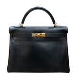 エルメス HERMES ケリー32　内縫い □F刻印 ブラック GD金具 ボックスカーフ ユニセックス ショルダーバッグ