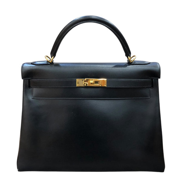 エルメス HERMES ケリー32　内縫い □F刻印 ブラック GD金具 ボックスカーフ ユニセックス ショルダーバッグ