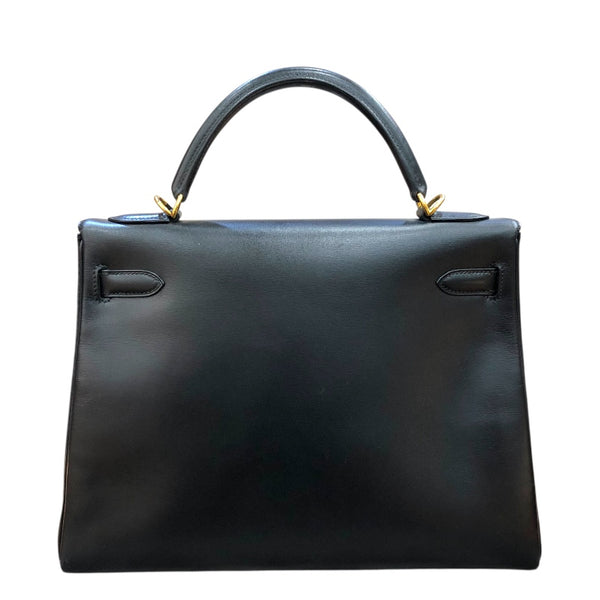 エルメス HERMES ケリー32　内縫い □F刻印 ブラック GD金具 ボックスカーフ ユニセックス ショルダーバッグ