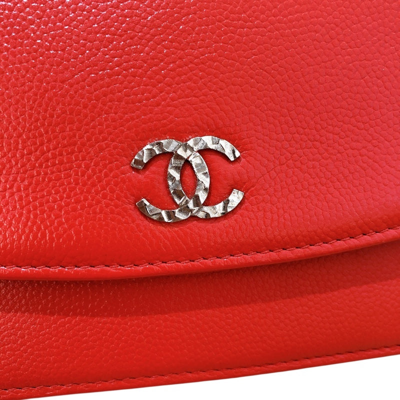シャネル CHANEL チェーンウォレット レッド シルバー金具 キャビアスキン レディース ショルダーバッグ